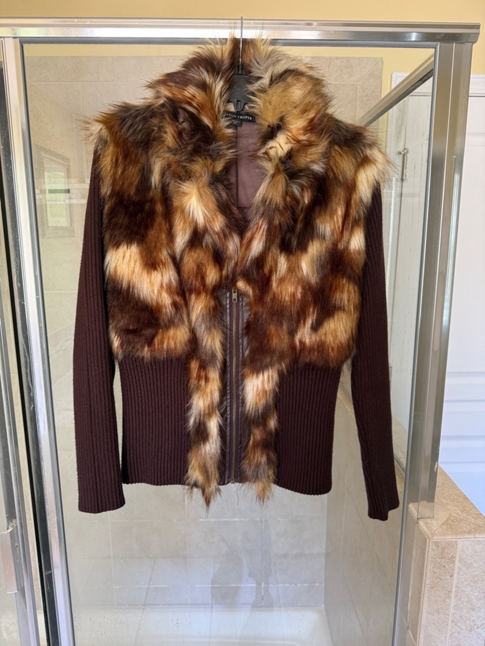 Boston Proper Brown Ribbed Jacket with Multi-Tone Faux Fur Trim- Size Medium.